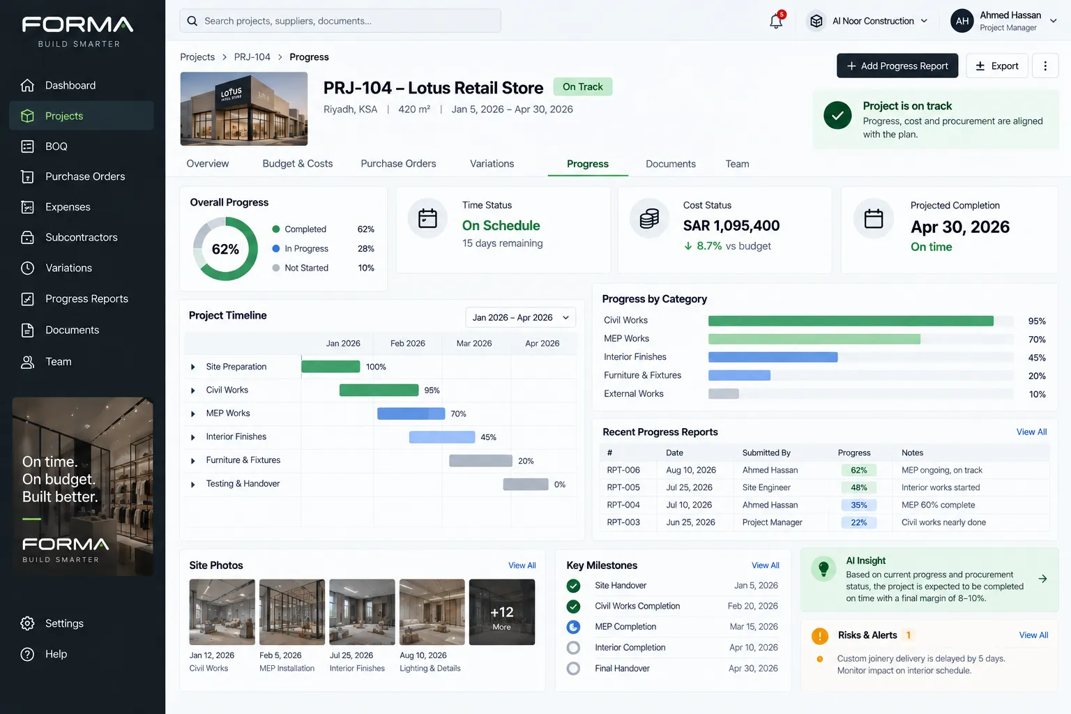 FORMA project progress interface