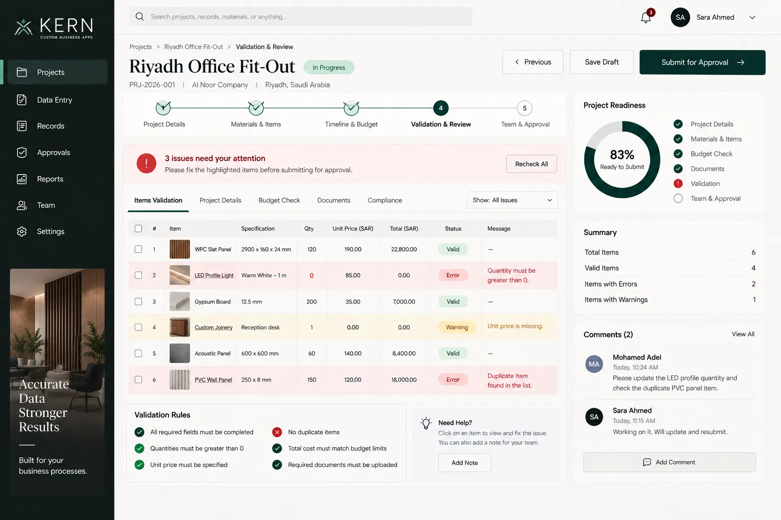 KERN validation and review interface